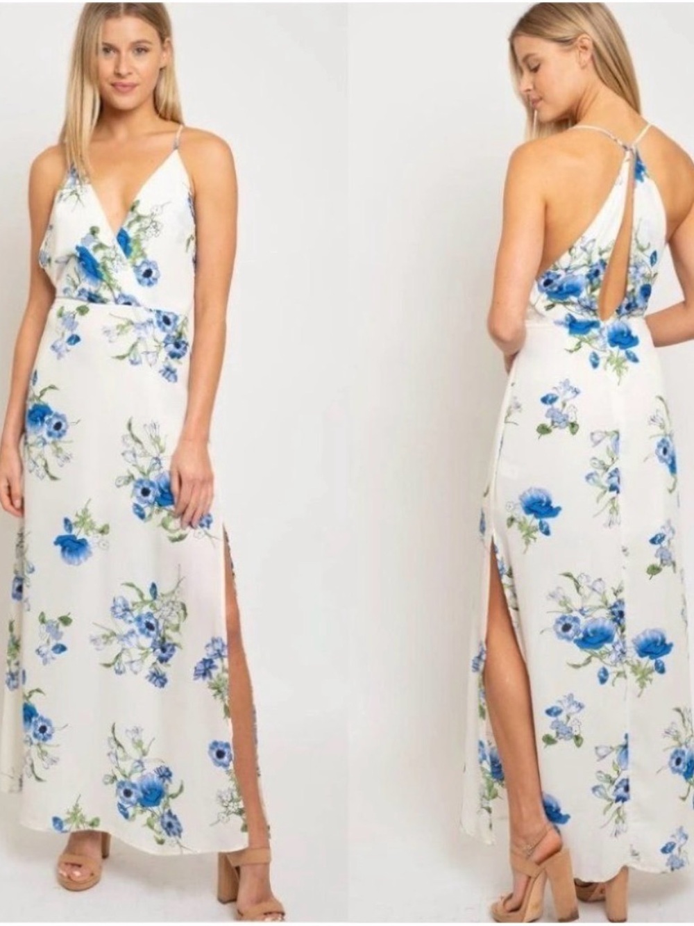 Lush White Maxi Dress with Blue Floral Print